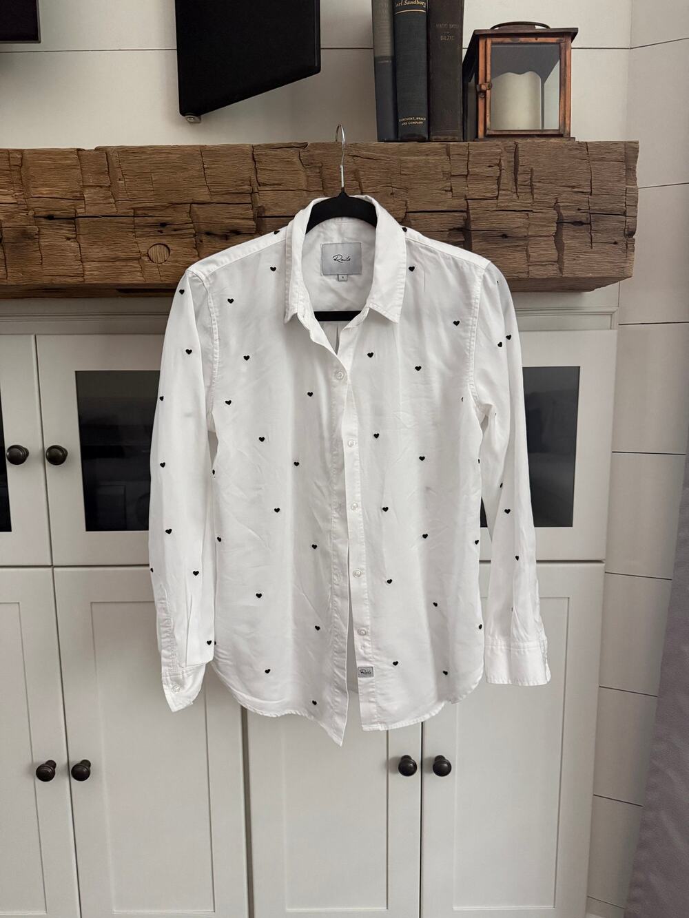 Rails White Button Down Shirt Black Heart Embroidered Small Coquette